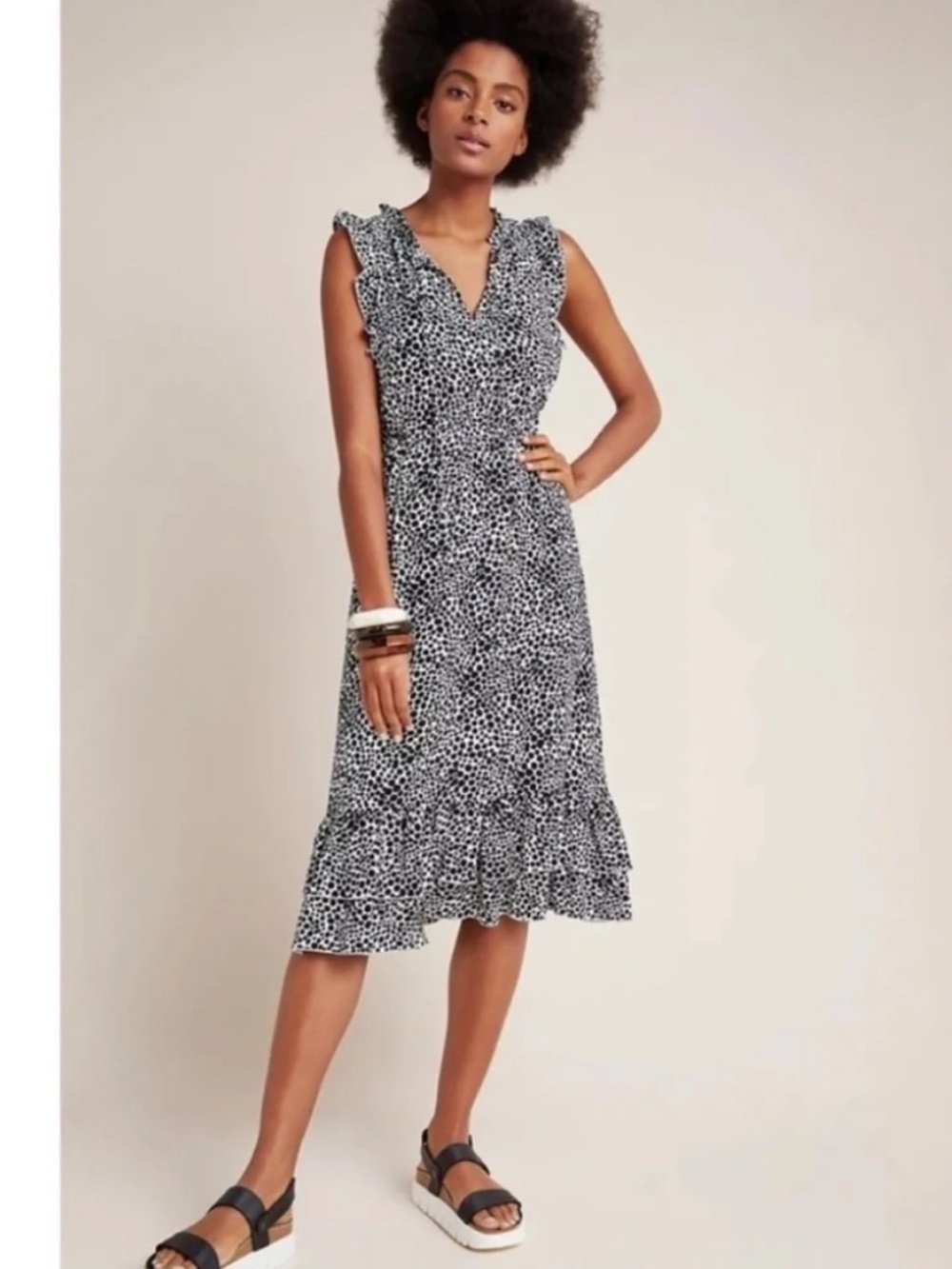 Meave by Anthropologie Black and White Ruby Ruffled Midi Dress Size Medium